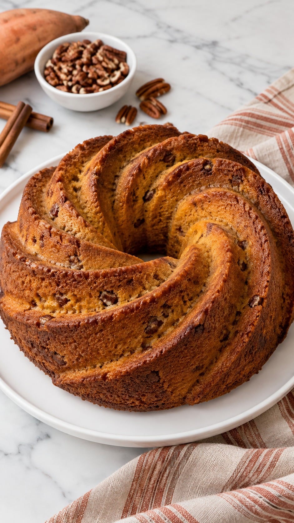 Unglazed sweet potato pecan pound cake cooling on a plain white platter.