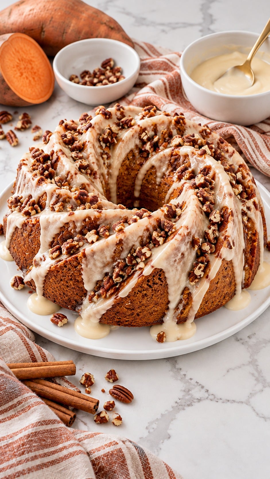 Sweet potato pound cake with thick buttermilk glaze and the reserved chopped pecan topping.