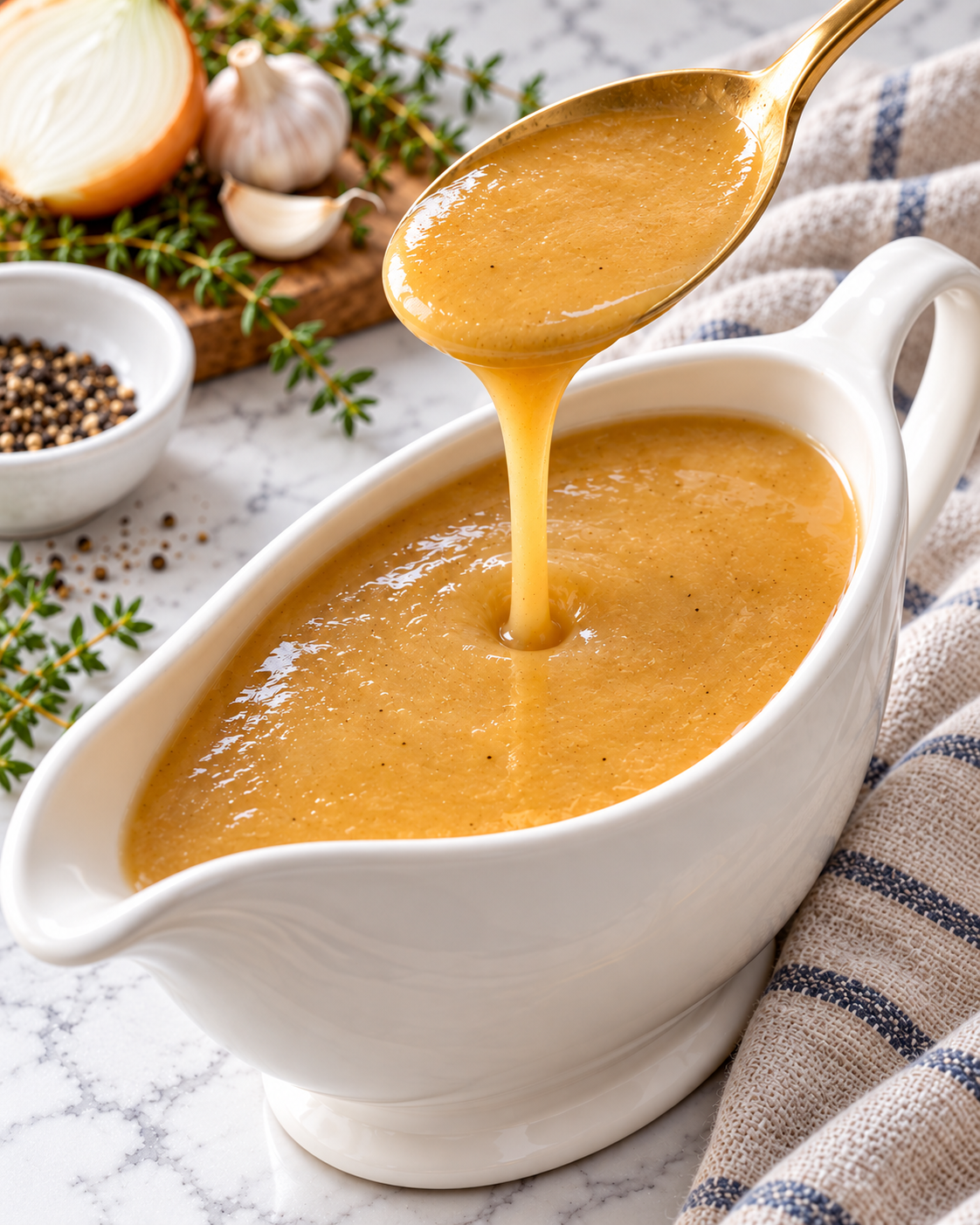 Golden turkey gravy pouring from a gold spoon into a white gravy boat.