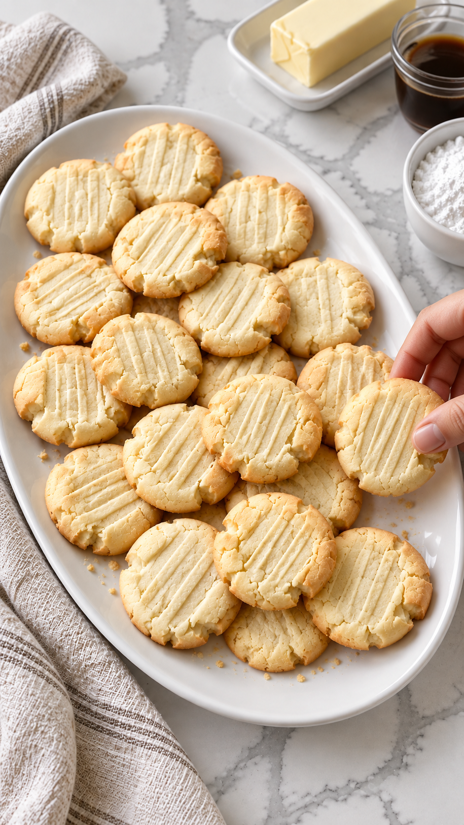 Finished butter meltaway cookies ready to serve on a white platter