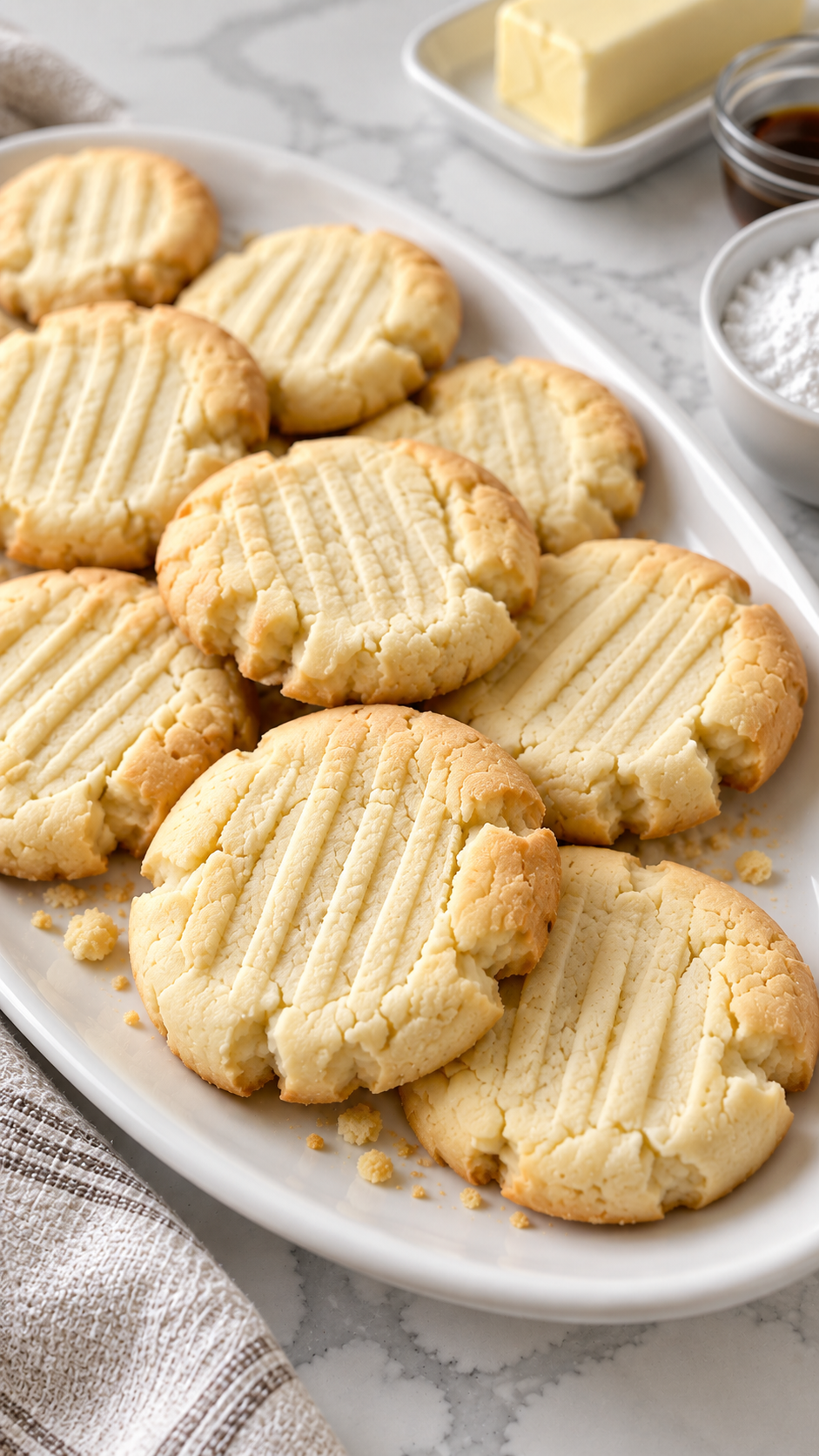 Close view of the delicate crumb and fork stripes on butter meltaway cookies