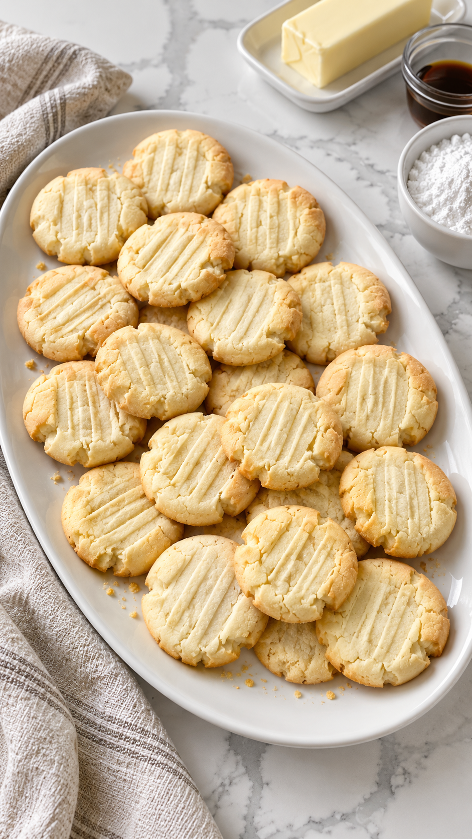 Vanilla butter meltaway cookies with fork stripes on a white platter