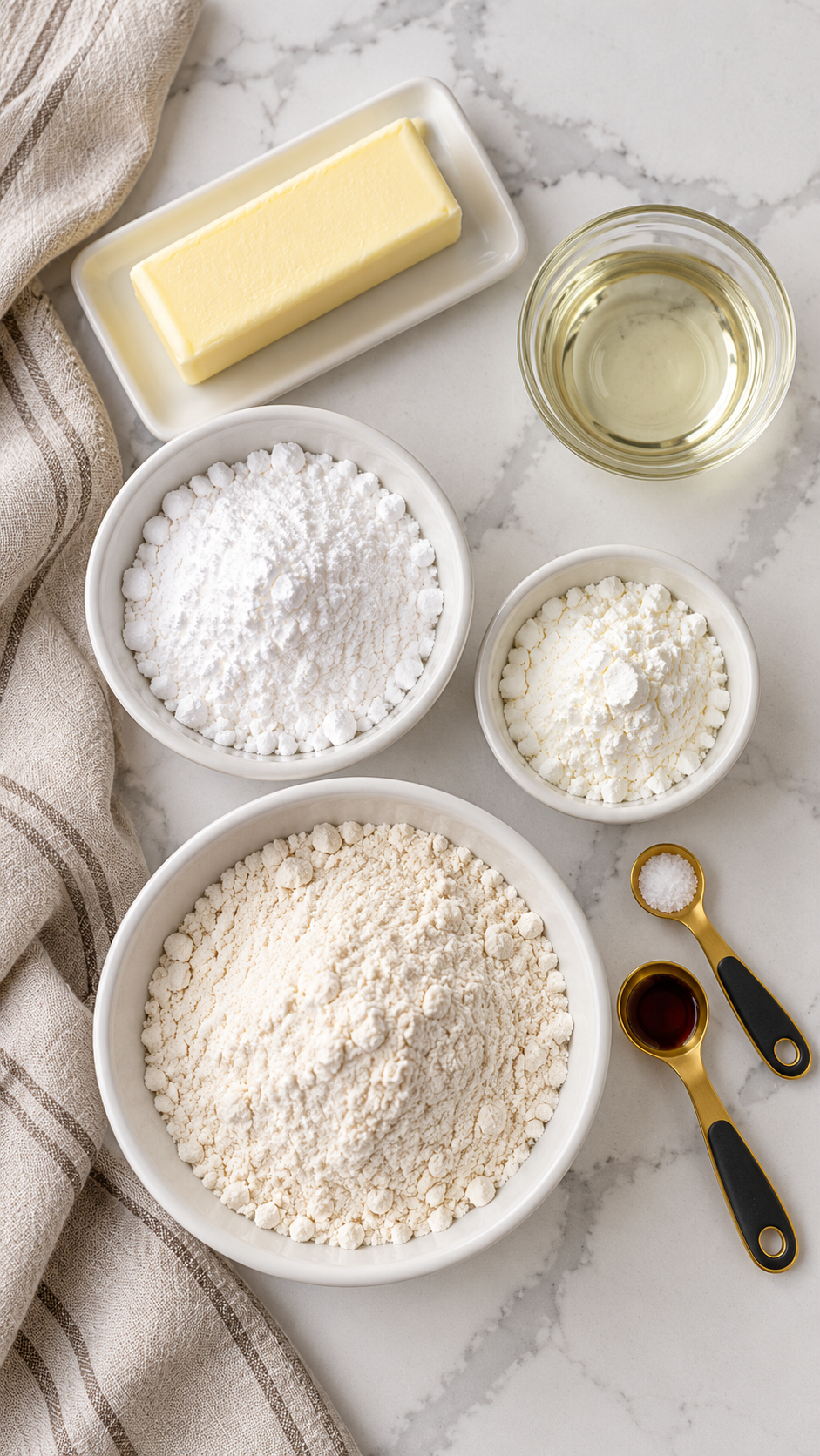 Butter, vegetable oil, powdered sugar, cornstarch, flour, kosher salt, and vanilla for meltaway cookies