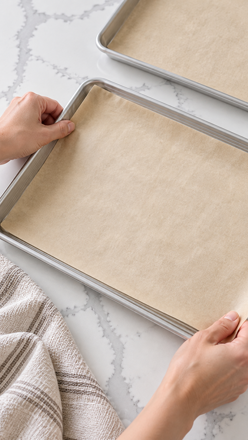 Lining two baking sheets with parchment paper for butter meltaway cookies
