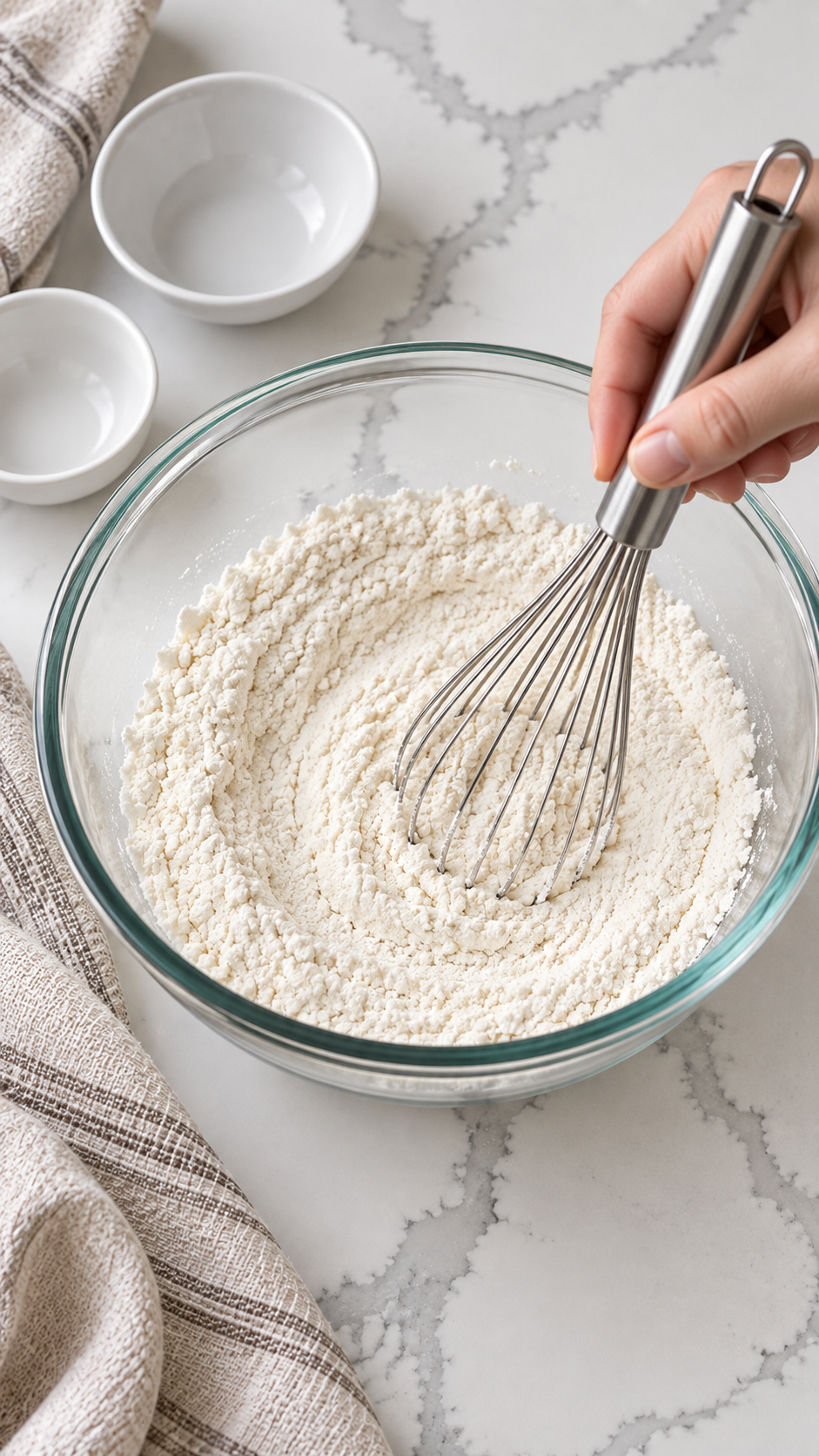 Whisking flour, cornstarch, and kosher salt in a mixing bowl