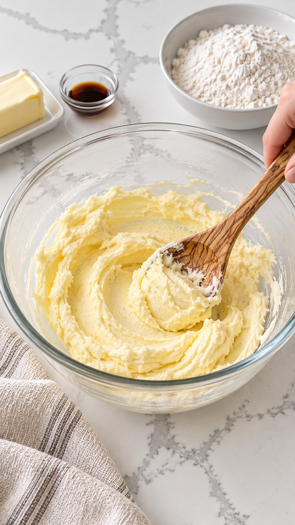 Creaming softened butter, oil, powdered sugar, and vanilla with a wooden spoon