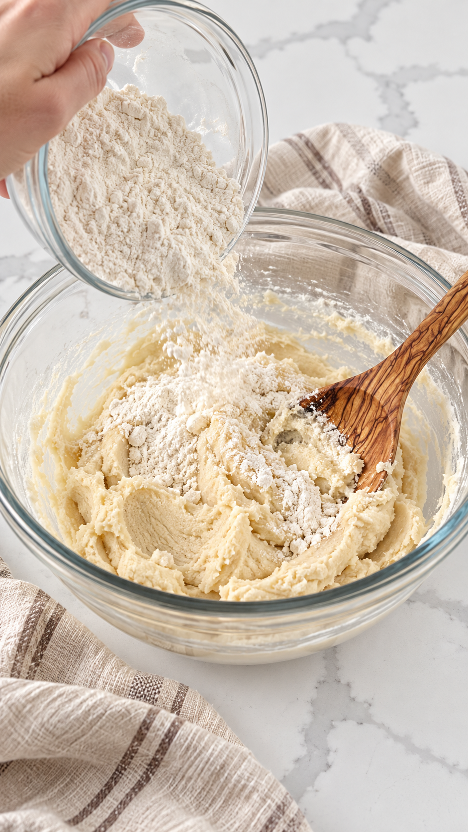 Adding the dry ingredients to the creamed butter mixture