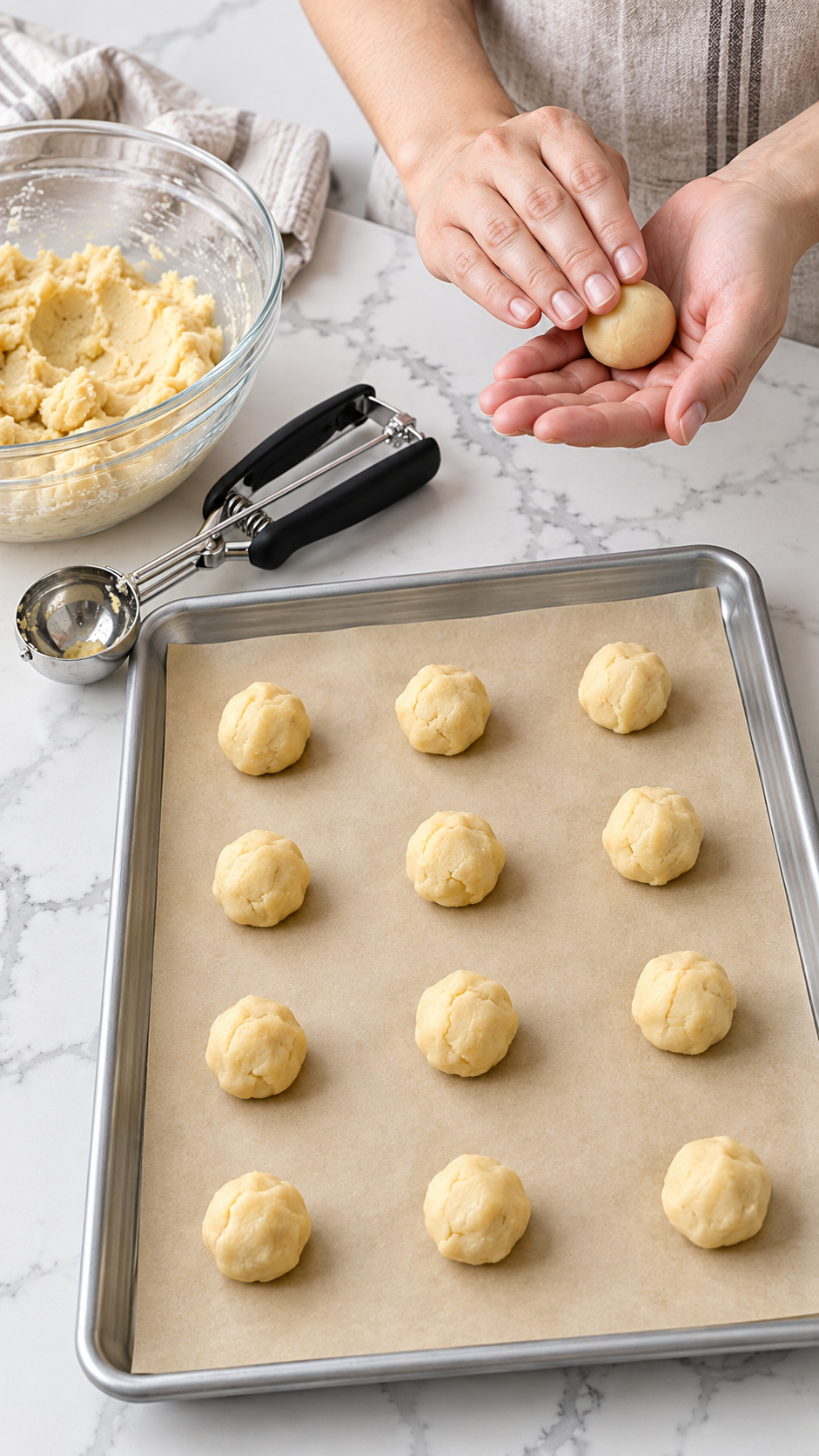 Rolling butter meltaway cookie dough into balls on a parchment-lined pan