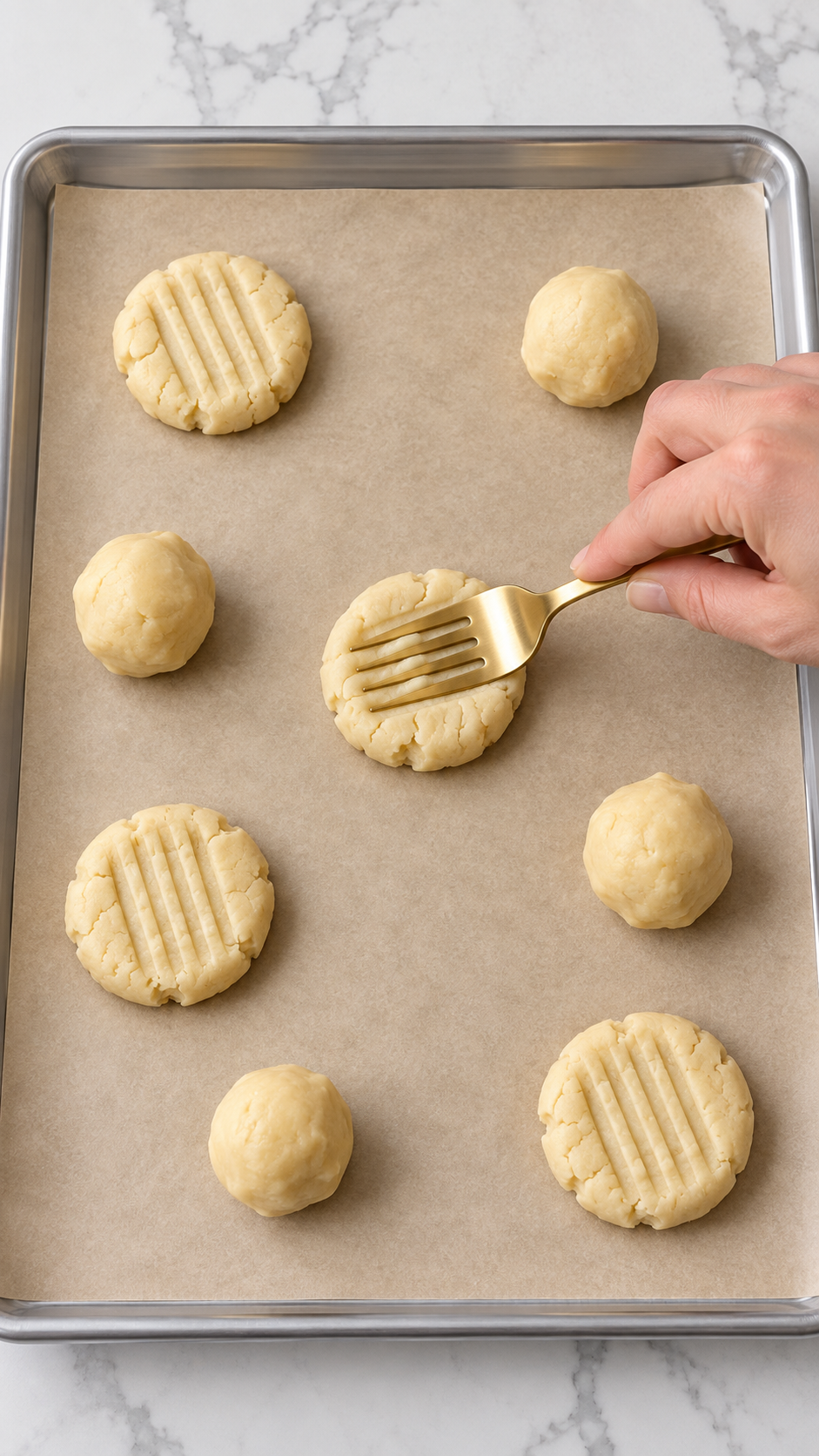 Pressing meltaway cookie dough gently with a fork to form stripes