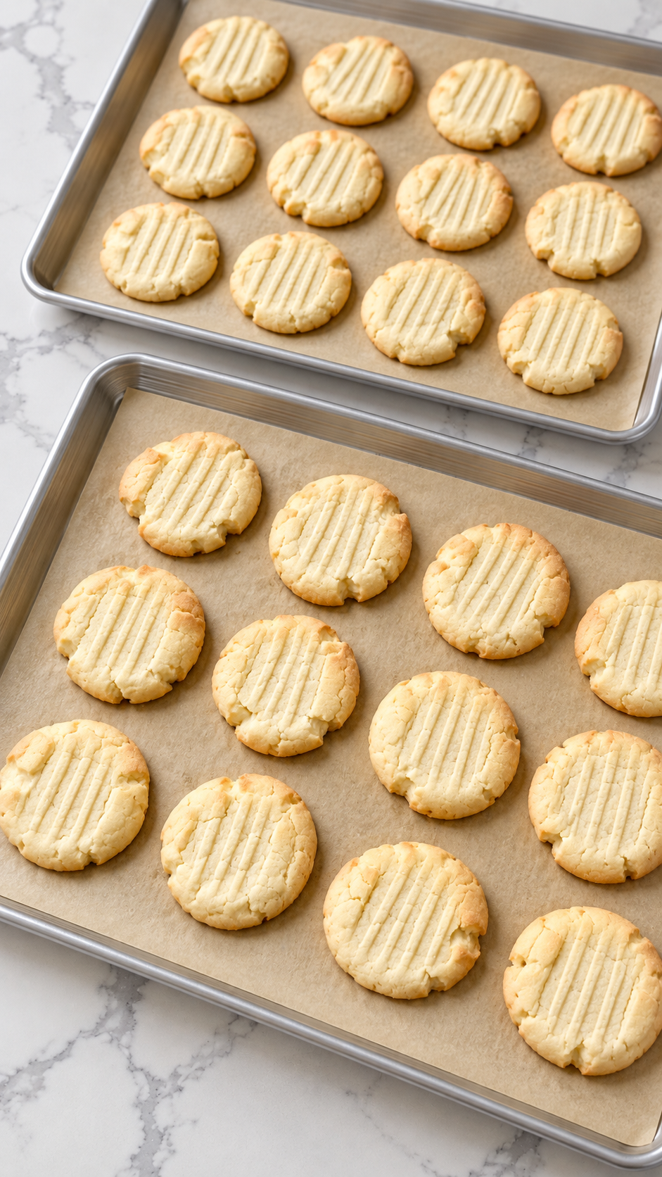 Two pans of baked butter meltaway cookies with lightly golden edges