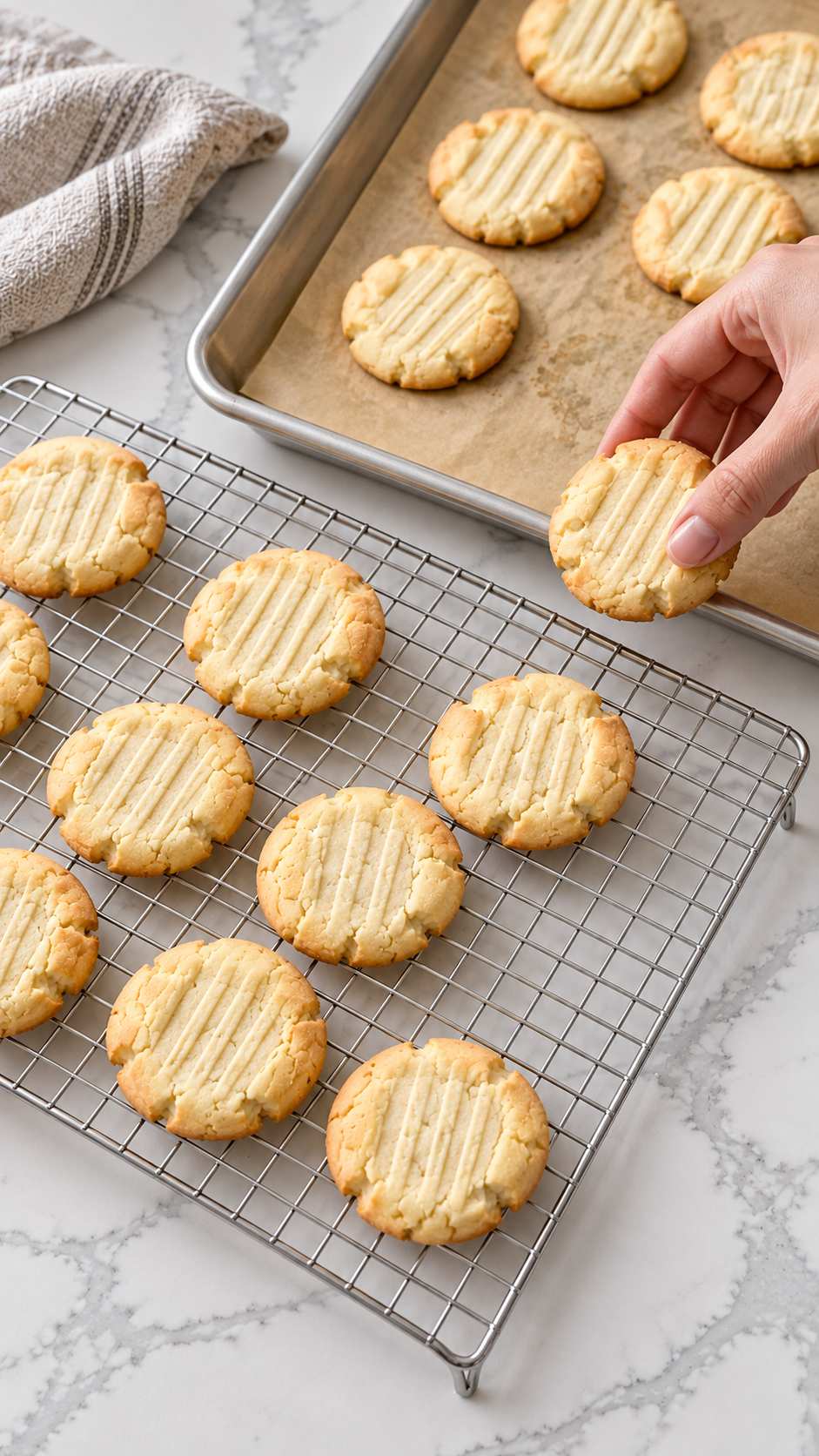 Transferring butter meltaway cookies to a wire rack to finish cooling